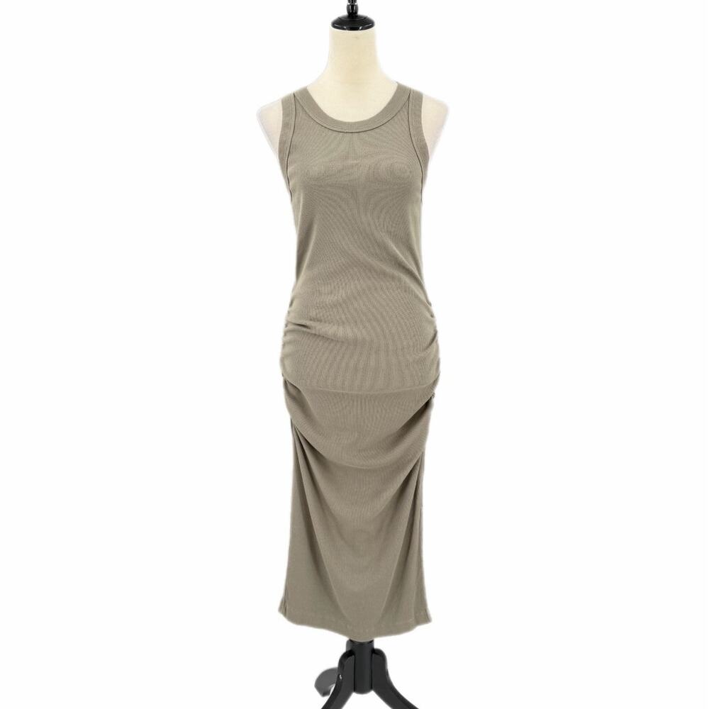 Michael Stars Olive Ribbed Ruched Casual Day Wear Simple Midi Chic Tank Dress
